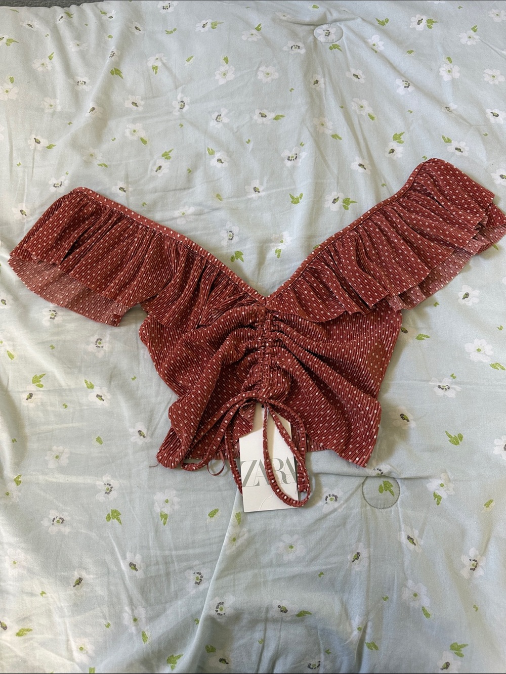 Zara rust red polka dot ruffle cropped blouse